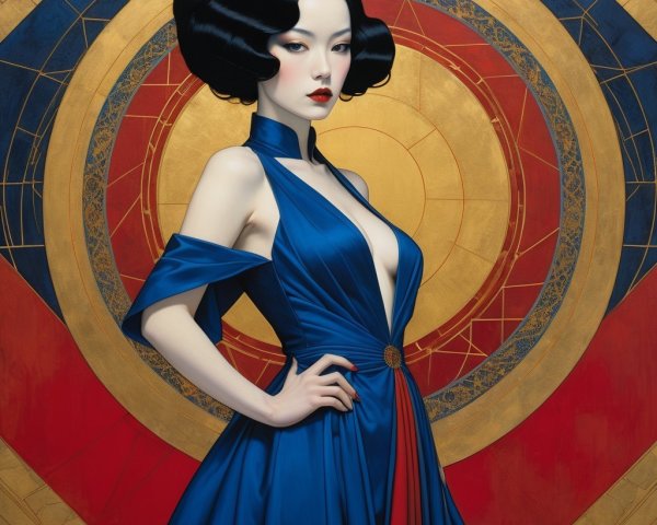 Elegant Woman in Blue Gown with Geometric Background