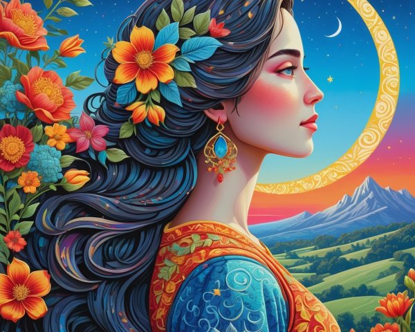 Woman Surrounded by Flowers in Twilight Landscape
