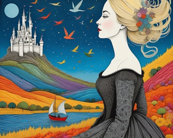 Serene Woman in Black Gown Against Vibrant Landscape