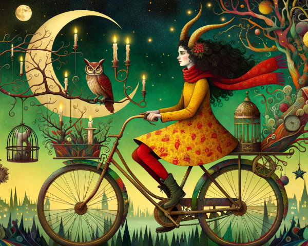 Whimsical Illustration of a Woman on a Decorated Bicycle