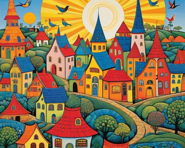 Whimsical Village Scene with Colorful Houses and Nature