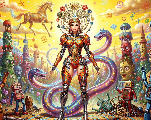 Steampunk Armor Woman in Whimsical Landscape