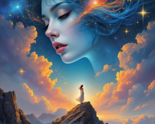 Surreal Scene of Woman with Flowing Hair and Starry Sky