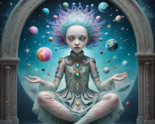 Ethereal Figure in Futuristic Gown Amid Cosmic Scene