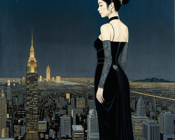 Woman in Black Gown Overlooking City Skyline at Night