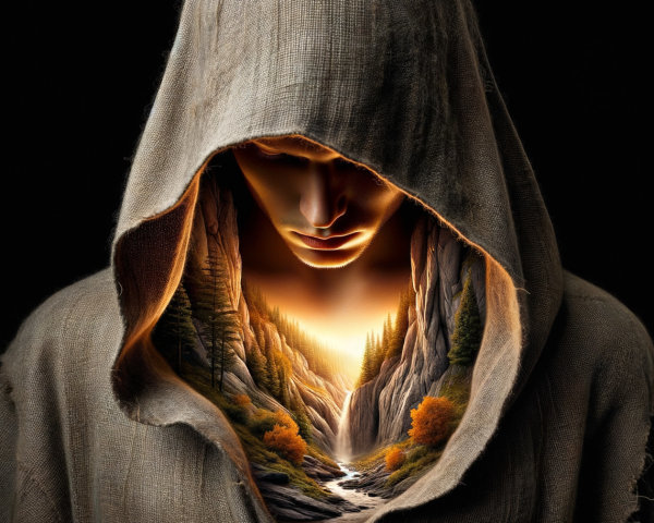 Cloaked Figure with Vibrant Landscape in Chest