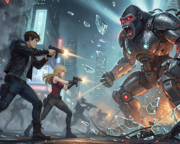 Futuristic cityscape with robotic gorilla and explosions