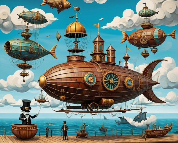 Intricate Steampunk Airship Scene with Dirigibles