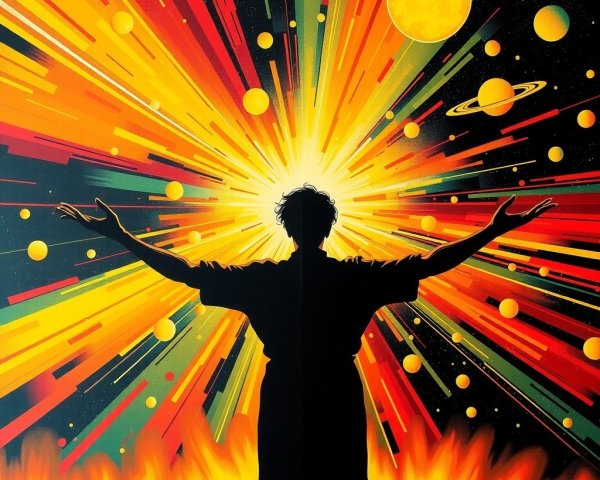 Colorful Cosmic Explosion with Central Silhouetted Figure