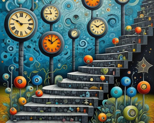 Whimsical Staircase with Colorful Clocks and Flowers