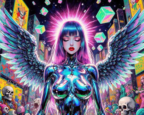Futuristic anime painting of a colorful angel in cityscape