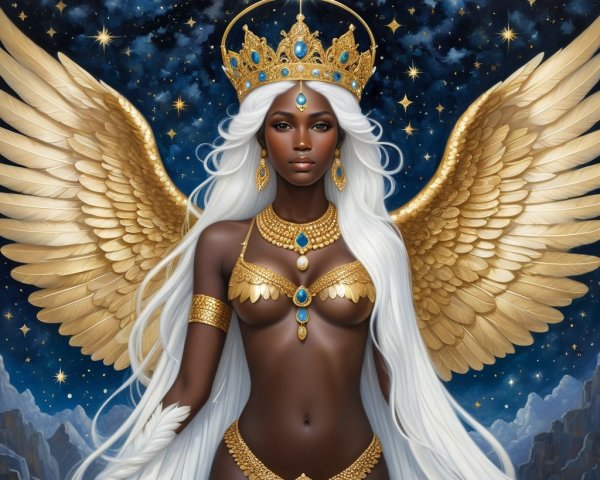 Majestic Figure with Golden Wings Against Cosmic Stars