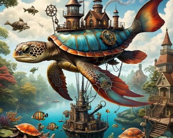 Giant Turtle with Steampunk Castle in Vibrant Landscape