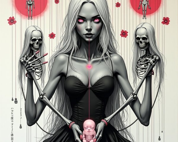 Haunting Artwork of Woman with Skeletal Figures