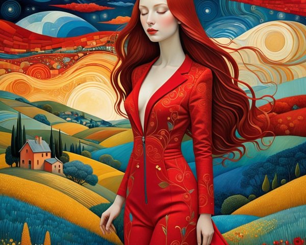 Vibrant Red Suit Against Colorful Landscape Scene