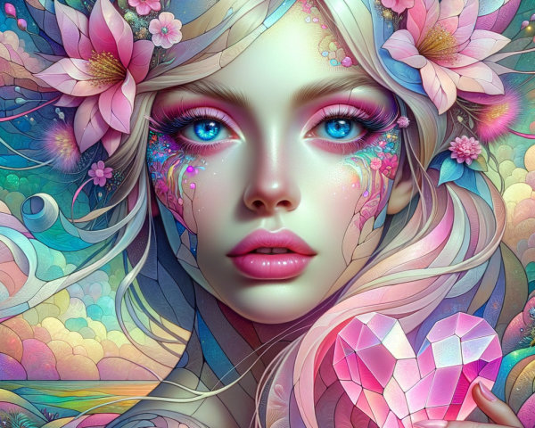 Ethereal Woman with Floral Motifs and Crystal