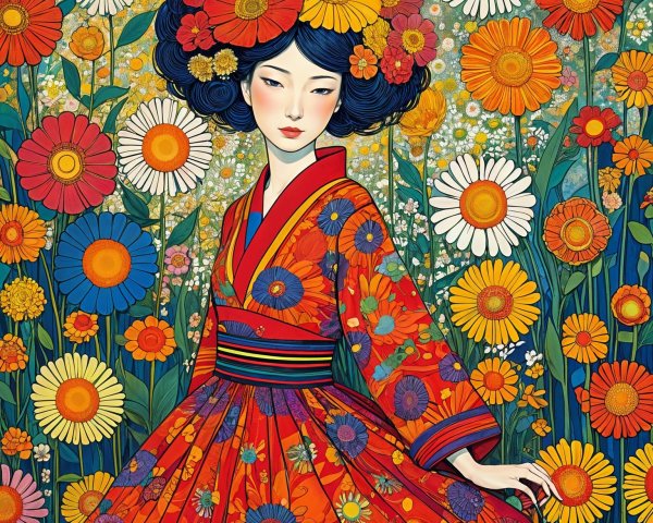 Young Woman in Floral Kimono Surrounded by Flowers