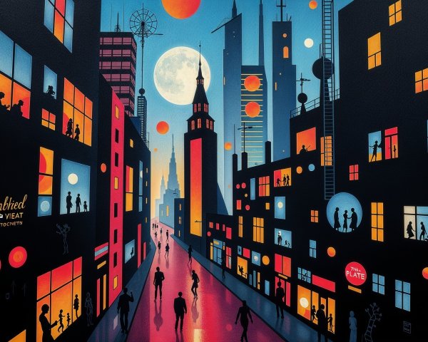 Vibrant cityscape at dusk with glowing buildings and moon