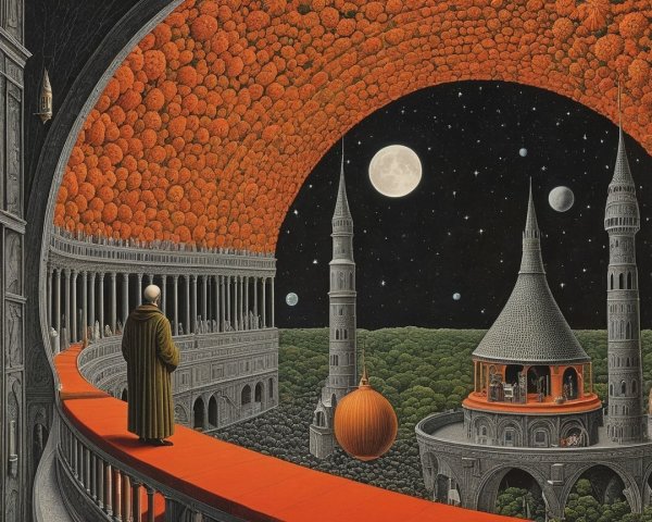 Cloaked Figure on Red Pathway in Surreal Landscape