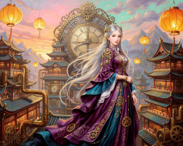 Anime-style painting of a woman in steampunk attire