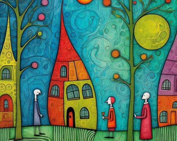 Whimsical Scene with Colorful Houses and Playful Trees