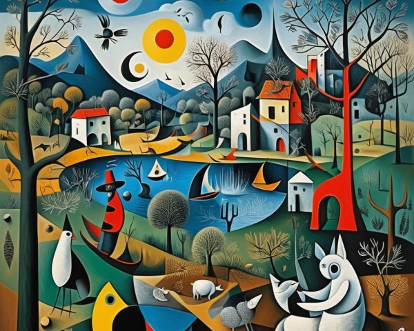 Whimsical Scene with Bold Colors and Dreamlike Elements