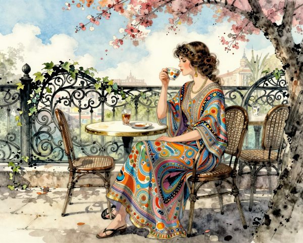 Dreamlike Watercolor of Lady on Balcony with Tea