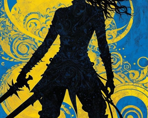 Silhouette of a female warrior with two swords