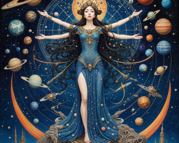 Celestial Figure in Sparkling Blue Gown Amidst Cosmos