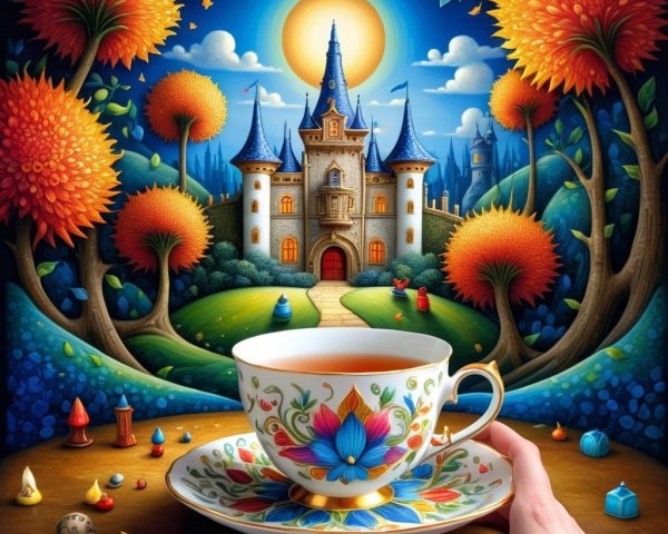 Whimsical Castle and Teacup in a Fantasy Landscape