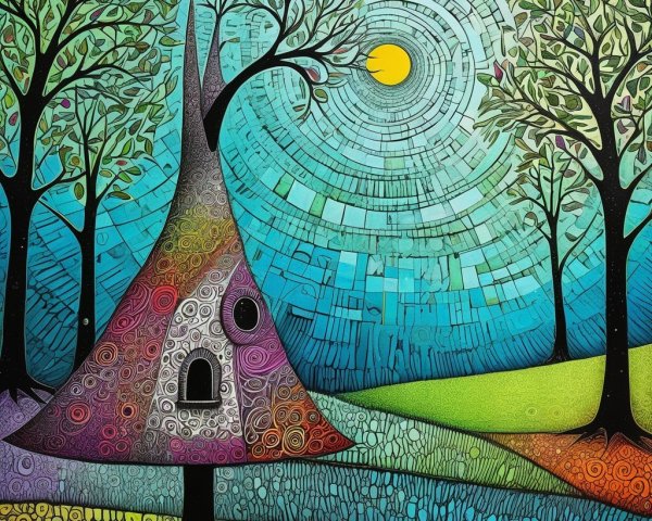 Colorful Abstract Cone-Shaped House in Whimsical Landscape