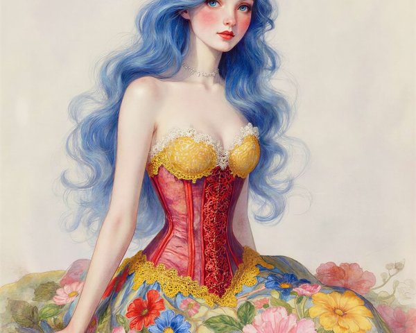 High-angle shot of woman with blue hair and floral outfit