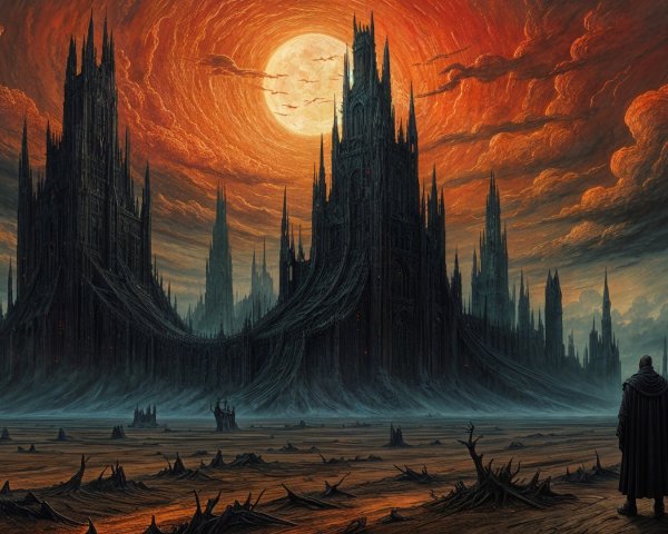Dark Landscape with Fiery Sun and Towering Spires