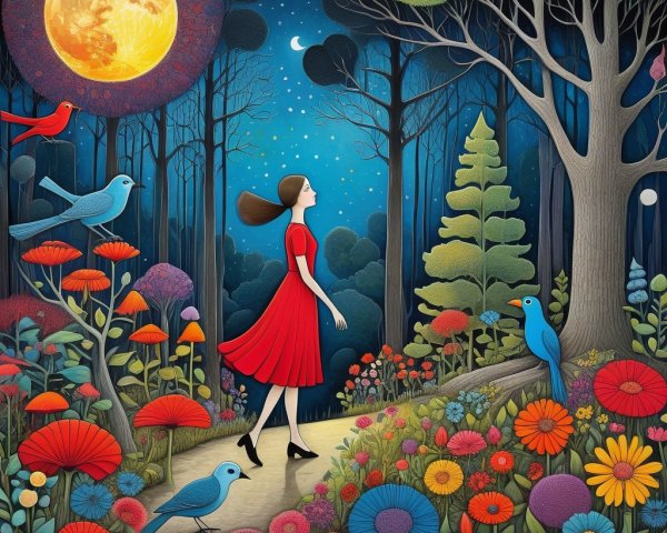 Young woman in red dress on whimsical forest path