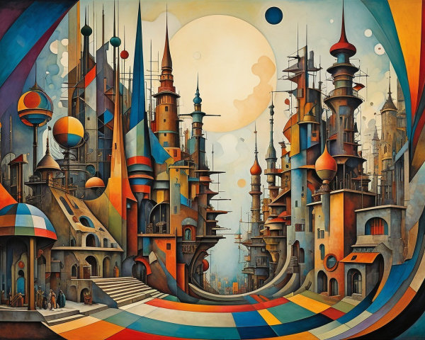Surreal Cityscape with Colorful Spires and Moonscape