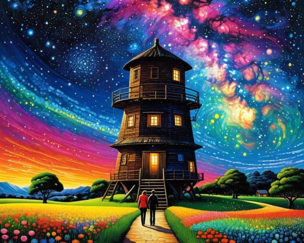 Couple Walking Toward Whimsical Tower in Surreal Landscape