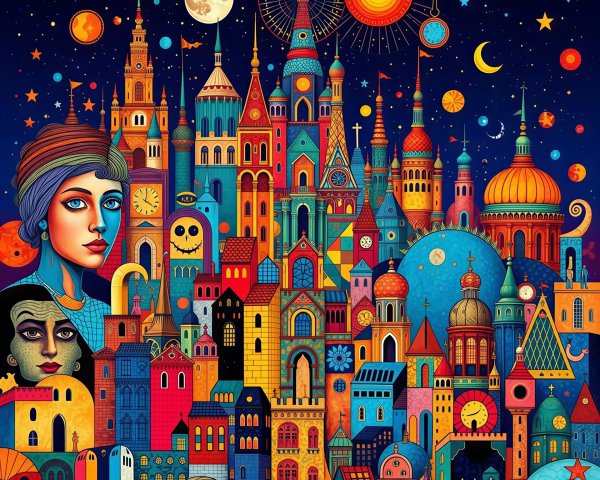 Colorful Surreal Night City Painting with Stylized Faces