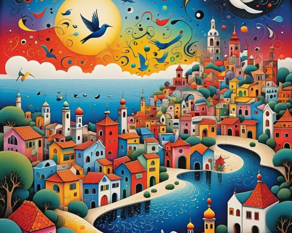 Vibrant Whimsical Landscape with Colorful Town and River