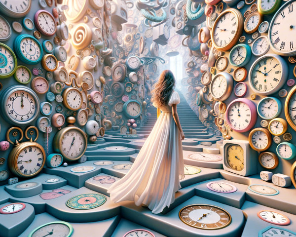 Woman in White Dress Among Colorful Clocks and Light
