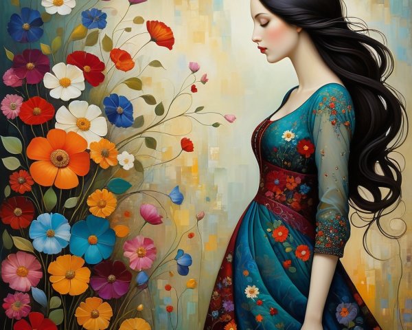 Serene Woman in Vibrant Floral Setting with Dress