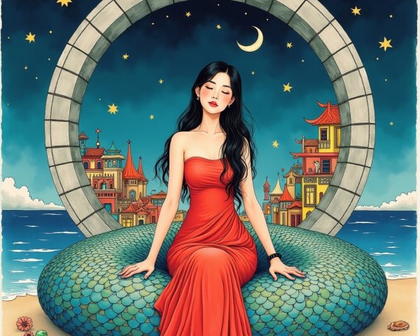 Serene Woman in Red Gown by Tranquil Seaside Night