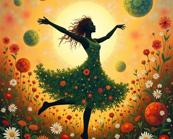 Silhouette of a Woman Dancing in a Vibrant Garden