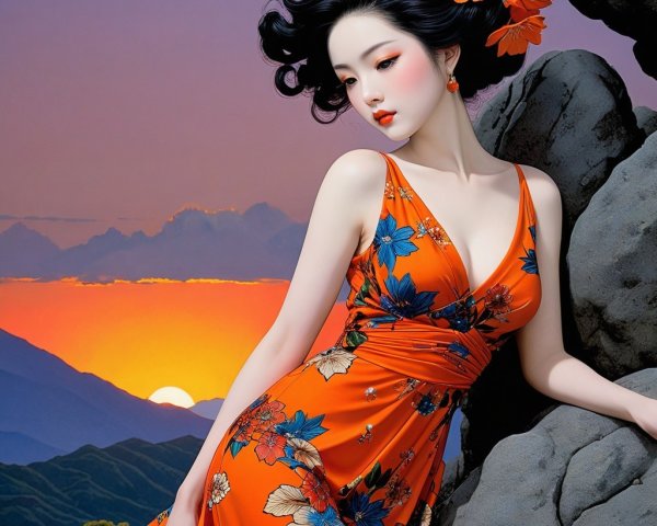 Woman in Orange Dress with Floral Patterns at Sunset
