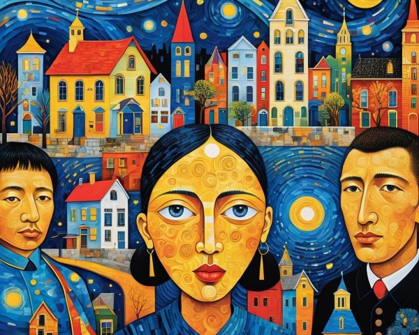 Vibrant Stylized Landscape with Night Sky and Figures