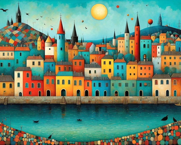 Colorful Cityscape with River and Rolling Hills