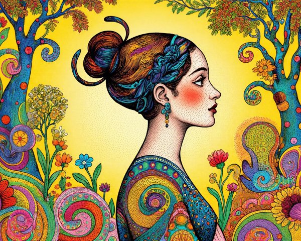 Psychedelic Illustration of a Woman with Colorful Hair