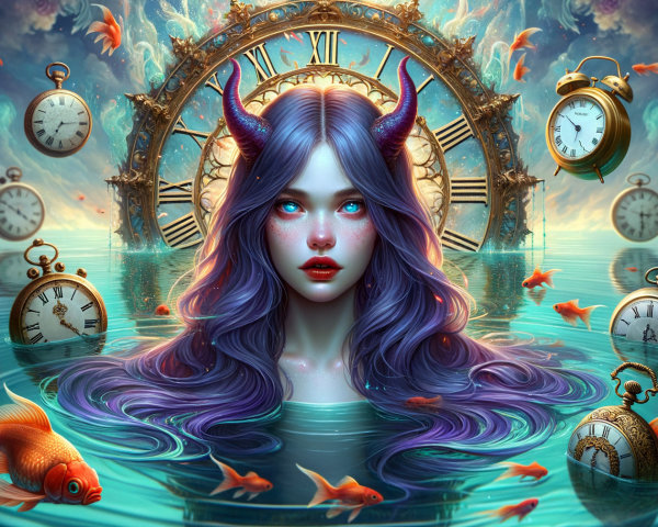Mystical figure in shimmering waters with golden clocks