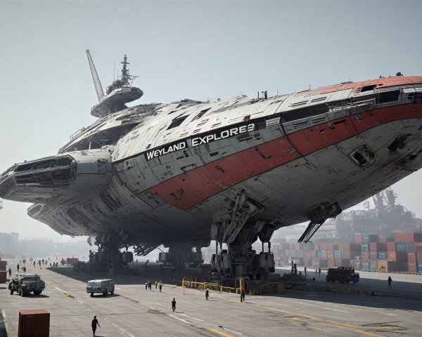 Weathered Sci-Fi Spaceship Docked in Industrial Port