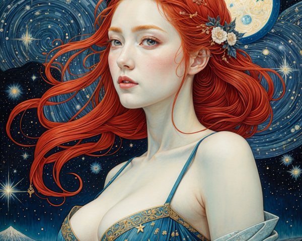Portrait of a Woman with Red Hair in Night Sky