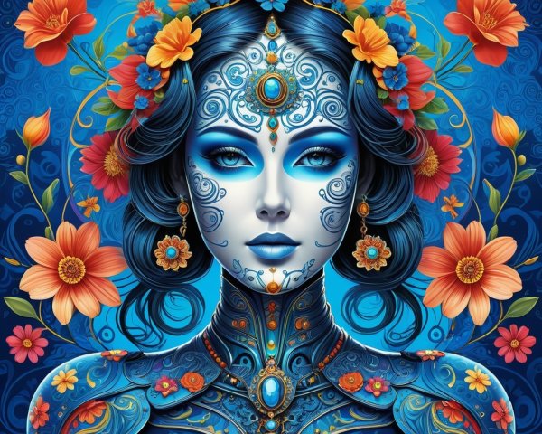 Intricate Figure with Blue Complexion and Floral Elements